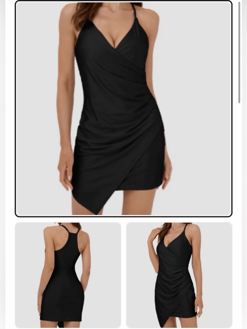 HALARA Black Shimmer Ruched Wrap Mini Dress with adjustable straps